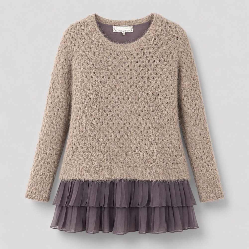 a'reve Sweater Size S/M Taupe Fuzzy Pointelle Pleated Hem Tunic Coquette Boho